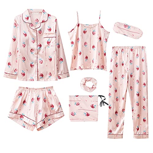 Jamron Damen 7PCS Satin Pyjama Set Frühling Sommer Herbst Tops & Kurze Hose Nachtwäsche SN07655 Erdbeere M von Jamron