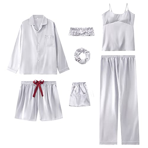 Jamron Damen 7PCS Satin Pyjama Set Frühling Sommer Herbst Tops & Kurze Hose Nachtwäsche SN07655 Grau L von Jamron