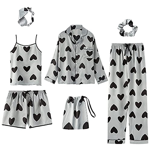 Jamron Damen 7PCS Satin Pyjama Set Frühling Sommer Herbst Tops & Kurze Hose Nachtwäsche SN07655 Herz L von Jamron