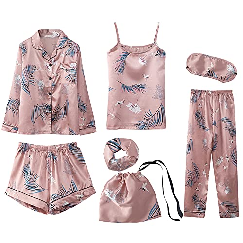 Jamron Damen 7PCS Satin Pyjama Set Frühling Sommer Herbst Tops & Kurze Hose Nachtwäsche SN07655 Kran XL von Jamron