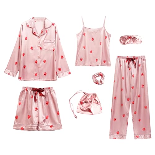 Jamron Damen 7PCS Satin Pyjama Set Frühling Sommer Herbst Tops & Kurze Hose Nachtwäsche SN07655 Rosa Erdbeere L von Jamron