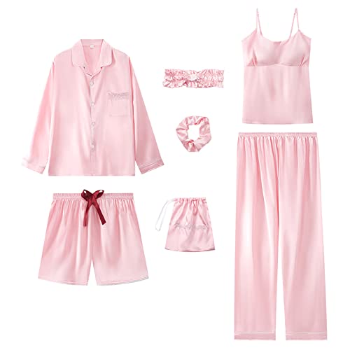 Jamron Damen 7PCS Satin Pyjama Set Frühling Sommer Herbst Tops & Kurze Hose Nachtwäsche SN07655 Rosa L von Jamron