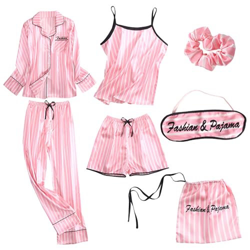 Jamron Damen 7PCS Satin Pyjama Set Frühling Sommer Herbst Tops & Kurze Hose Nachtwäsche SN07655 Rosa Streifen XL von Jamron