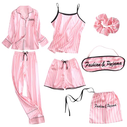 Jamron Damen 7PCS Satin Pyjama Set Frühling Sommer Herbst Tops & Kurze Hose Nachtwäsche SN07655 Rosa Streifen XXL von Jamron