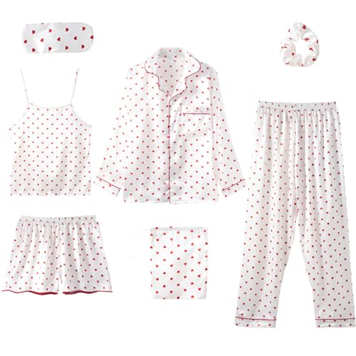Jamron Damen 7PCS Satin Pyjama Set Frühling Sommer Herbst Tops & Kurze Hose Nachtwäsche SN07655 Rot Herz L von Jamron