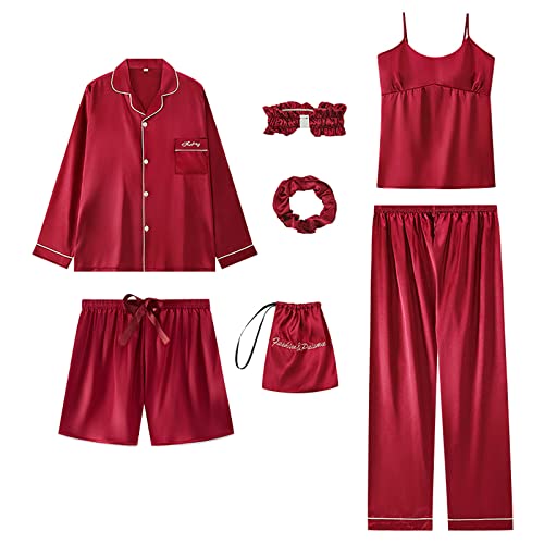 Jamron Damen 7PCS Satin Pyjama Set Frühling Sommer Herbst Tops & Kurze Hose Nachtwäsche SN07655 Rot L von Jamron