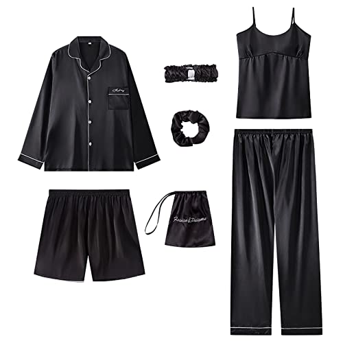 Jamron Damen 7PCS Satin Pyjama Set Frühling Sommer Herbst Tops & Kurze Hose Nachtwäsche SN07655 Schwarz M von Jamron