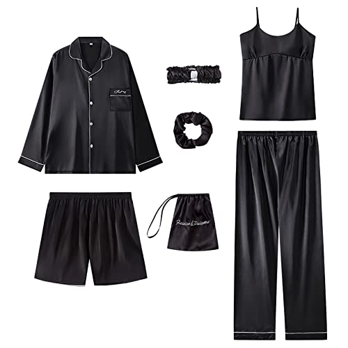 Jamron Damen 7PCS Satin Pyjama Set Frühling Sommer Herbst Tops & Kurze Hose Nachtwäsche SN07655 Schwarz XXL von Jamron