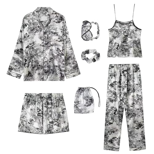 Jamron Damen 7PCS Satin Pyjama Set Frühling Sommer Herbst Tops & Kurze Hose Nachtwäsche SN07655 Tinte L von Jamron