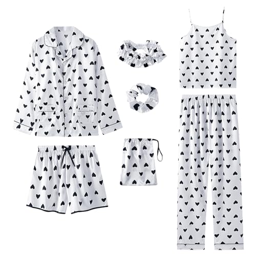 Jamron Damen 7PCS Satin Pyjama Set Frühling Sommer Herbst Tops & Kurze Hose Nachtwäsche SN07655 Weiß Herz M von Jamron