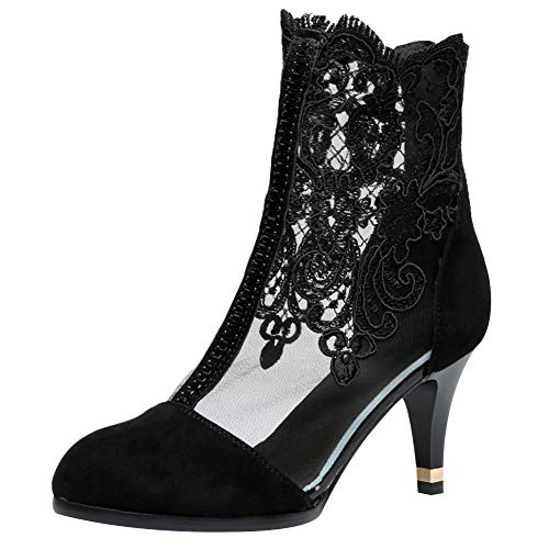 Jamron Damen Atmungsaktiv Spitzenbesatz Geschlossene Zehe Kitten Heel Sommer Sandalen Booties Pumps Schwarz SN02702 EU41 von Jamron
