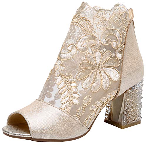 Jamron Damen Atmungsaktiv Spitzenbesatz Peeptoe Blockabsatz Sommer Sandalen Booties Pumps Gold SN02538 EU41 von Jamron