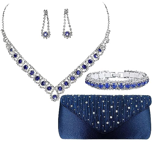 Jamron Damen Zirkon Strass 4 Stücke Schmuck und Clutch Set für Hochzeit Prom Abend Party SN0708187-2 Blau-A von Jamron