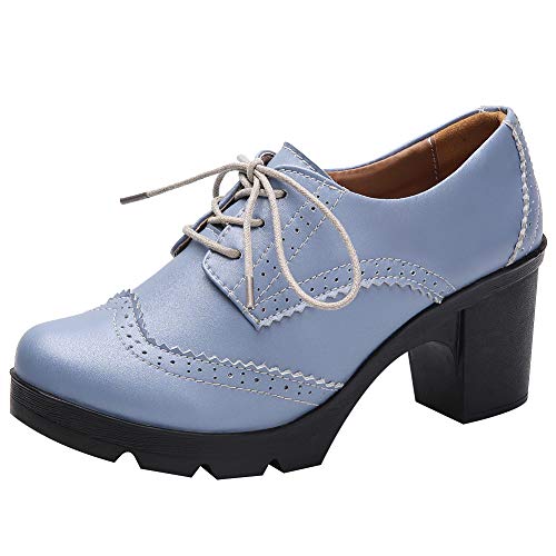 Jamron Damen Blockabsatz Schnüren Brogues Derby Schuhe Pumps Abendschuhe Blau SN02955 EU39.5 von Jamron