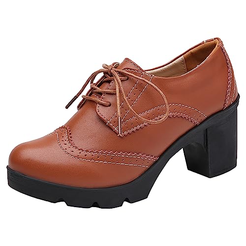 Jamron Damen Blockabsatz Schnüren Brogues Derby Schuhe Pumps Abendschuhe Braun SN02955 EU36 von Jamron