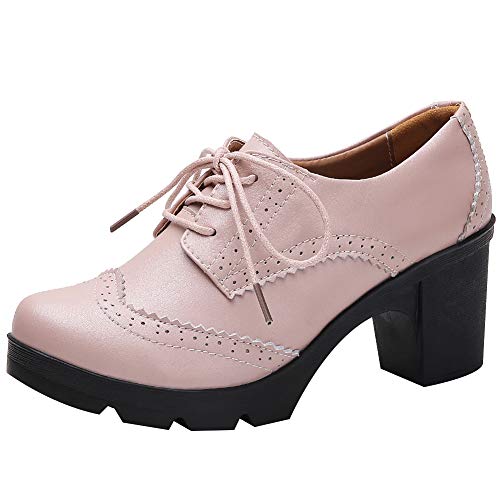 Jamron Damen Blockabsatz Schnüren Brogues Derby Schuhe Pumps Abendschuhe Rosa SN02955 EU39.5 von Jamron