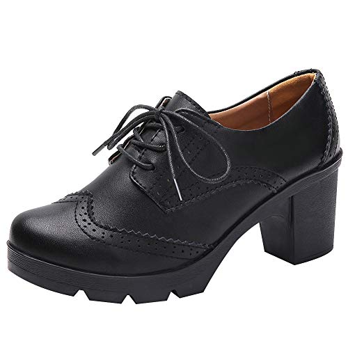 Jamron Damen Blockabsatz Schnüren Brogues Derby Schuhe Pumps Abendschuhe Schwarz SN02955 EU37 von Jamron