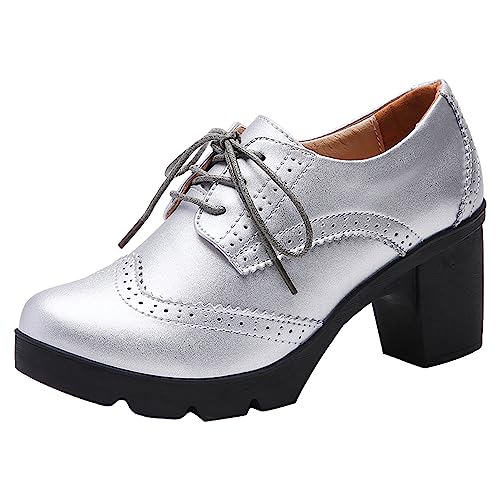 Jamron Damen Blockabsatz Schnüren Brogues Derby Schuhe Pumps Abendschuhe Silber SN02955 EU38.5 von Jamron