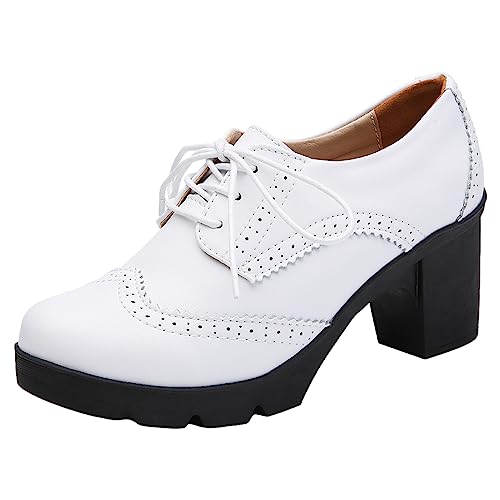 Jamron Damen Blockabsatz Schnüren Brogues Derby Schuhe Pumps Abendschuhe Weiß SN02955 EU40.5 von Jamron