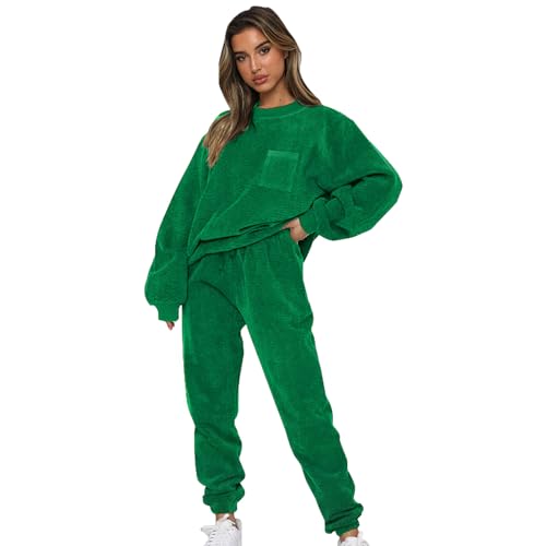 Jamron Damen Cord 2 Teiliger Trainingsanzug Jogginganzug Herbst Winter Flauschige Freizeitkleidung Set SN070299 Grün XXL von Jamron