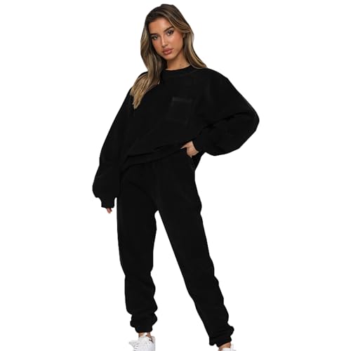 Jamron Damen Cord 2 Teiliger Trainingsanzug Jogginganzug Herbst Winter Flauschige Freizeitkleidung Set SN070299 Schwarz S von Jamron