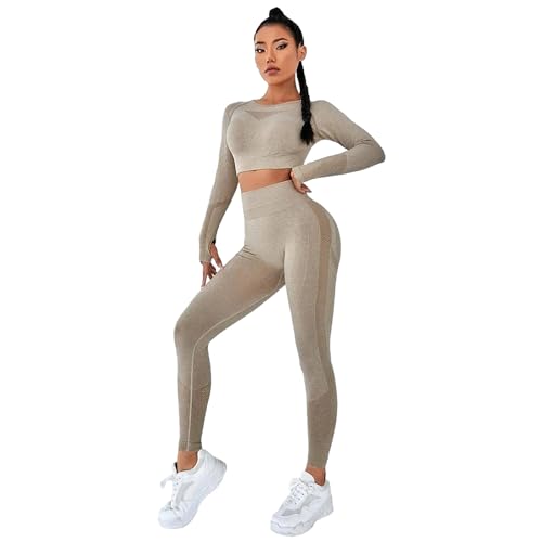 Jamron Damen Winter Dicke 2 Stücke Yoga Kleidung Set Crop Top + Leggings Gymnastikanzug SN079110 Khaki M von Jamron