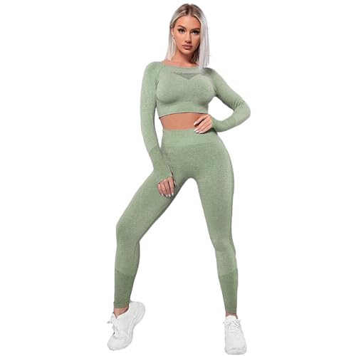 Jamron Damen Winter Dicke 2 Stücke Yoga Kleidung Set Crop Top + Leggings Gymnastikanzug SN079110 Matcha M von Jamron