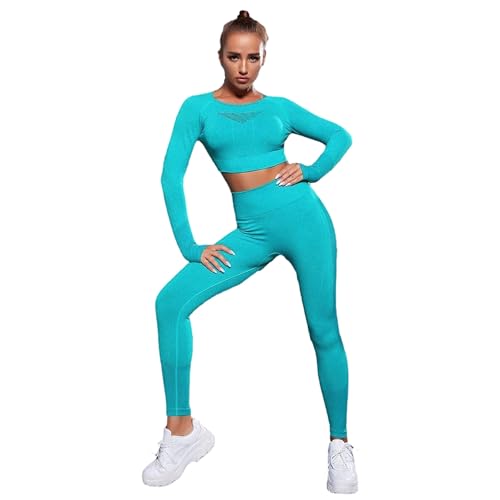 Jamron Damen Winter Dicke 2 Stücke Yoga Kleidung Set Crop Top + Leggings Gymnastikanzug SN079110 Türkis L von Jamron