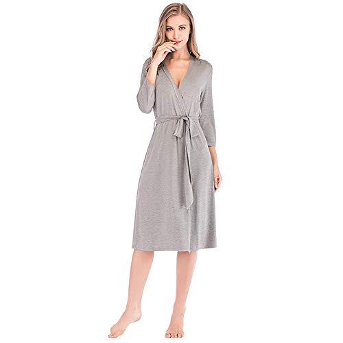 Jamron Damen Dünn Baumwolle Morgenmantel Kimono Kleid V-Ausschnitt 3/4 Ärmel Lang Nacht Strickjacke SN07421 Grau XL von Jamron