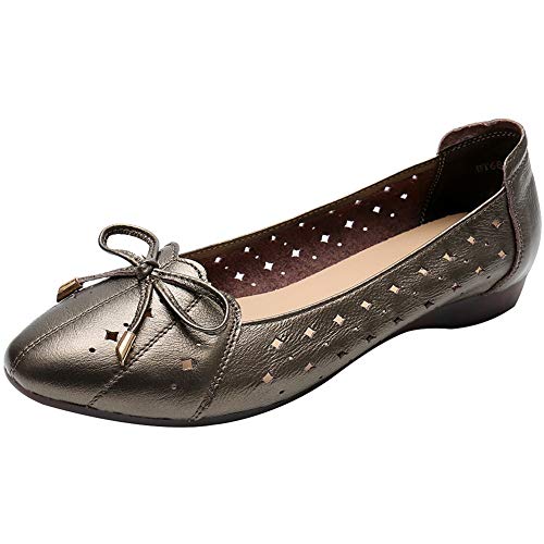 Jamron Damen Echtleder Bequemschuhe Spitze Fliege Ballerinas Niedrige Keilabsatz Pumps Slippers Bronze SN02431 EU38.5 von Jamron
