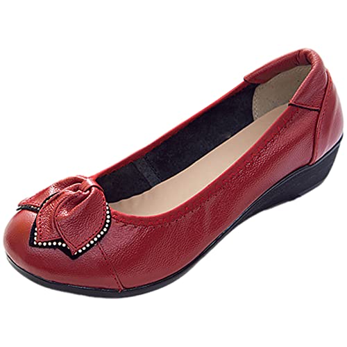 Jamron Damen Echtleder Bequemschuhe Weich Sohle Blume Ballerinas Niedrige Keilabsatz Pumps Slippers Burgund SN070358 EU36 von Jamron