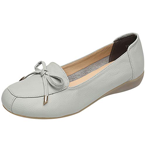 Jamron Damen Echtleder Bequemschuhe Weich Sohle Fliege Ballerinas Niedrige Keilabsatz Pumps Slippers Grau SN020628 EU35 von Jamron