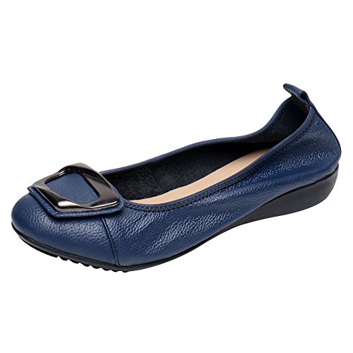 Jamron Damen Echtleder Bequemschuhe Weich Sohle Schnalle Ballerinas Niedrige Keilabsatz Pumps Slippers Blau SN020624 EU40 von Jamron