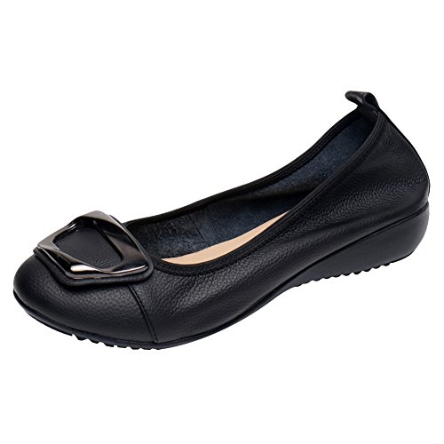 Jamron Damen Echtleder Bequemschuhe Weich Sohle Schnalle Ballerinas Niedrige Keilabsatz Pumps Slippers Schwarz SN020624 EU42 von Jamron