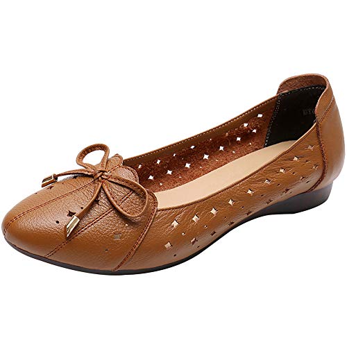 Jamron Damen Echtleder Bequemschuhe Spitze Fliege Ballerinas Niedrige Keilabsatz Pumps Slippers Braun SN02431 EU38.5 von Jamron