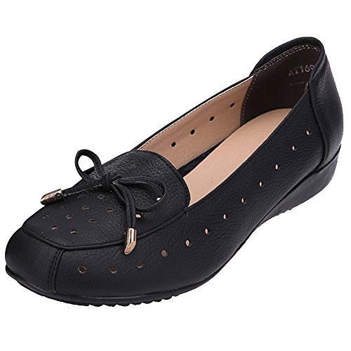 Jamron Damen Echtleder Komfort Schuhe Weich Sohle Ballerinas Niedrige Keilabsatz Slippers Ausgehöhlt Schwarz SN020628-2 EU35 von Jamron