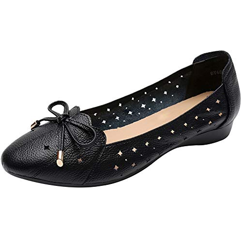 Jamron Damen Echtleder Komfort Schuhe Weich Sohle Ballerinas Niedrige Keilabsatz Slippers Ausgehöhlt Schwarz SN02431 EU37 von Jamron