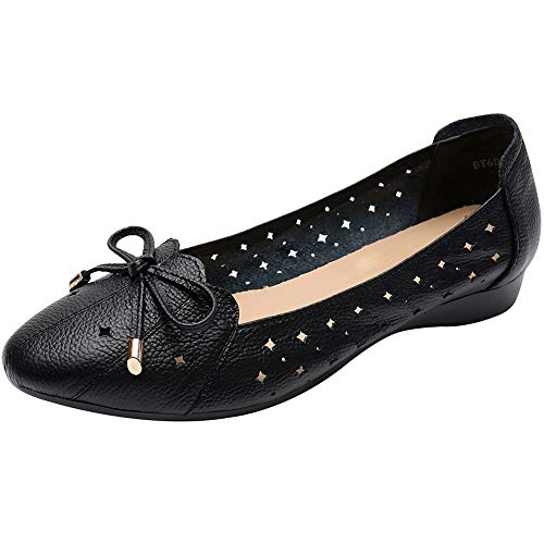 Jamron Damen Echtleder Bequemschuhe Spitze Fliege Ballerinas Niedrige Keilabsatz Pumps Slippers Schwarz SN02431 EU37 von Jamron