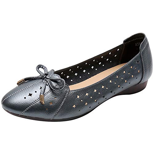 Jamron Damen Echtleder Komfort Schuhe Weich Sohle Ballerinas Niedrige Keilabsatz Slippers Ausgehöhlt Silber-Grau SN02431 EU39.5 von Jamron