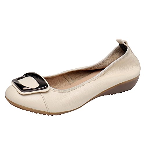 Jamron Damen Echtleder Bequemschuhe Weich Sohle Schnalle Ballerinas Niedrige Keilabsatz Pumps Slippers Beige SN020624 EU41 von Jamron