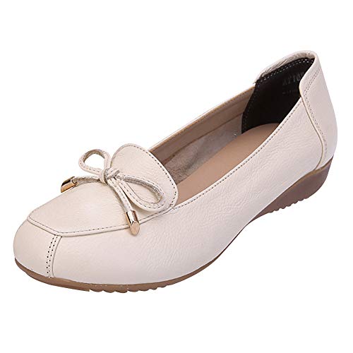 Jamron Damen Echtleder Bequemschuhe Weich Sohle Fliege Ballerinas Niedrige Keilabsatz Pumps Slippers Beige SN020628 EU39.5 von Jamron