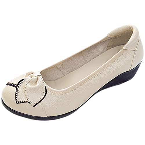 Jamron Damen Echtleder Bequemschuhe Weich Sohle Blume Ballerinas Niedrige Keilabsatz Pumps Slippers Beige SN070358 EU42 von Jamron