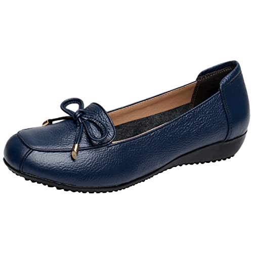 Jamron Damen Echtleder Bequemschuhe Weich Sohle Fliege Ballerinas Niedrige Keilabsatz Pumps Slippers Blau SN020628 EU37 von Jamron