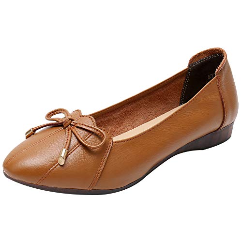 Jamron Damen Echtleder Bequemschuhe Spitze Fliege Ballerinas Niedrige Keilabsatz Pumps Slippers Braun SN02432 EU39.5 von Jamron