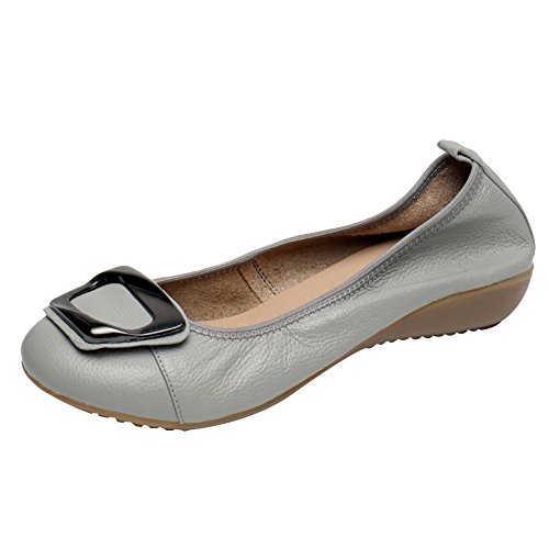 Jamron Damen Echtleder Bequemschuhe Weich Sohle Schnalle Ballerinas Niedrige Keilabsatz Pumps Slippers Grau SN020624 EU40 von Jamron