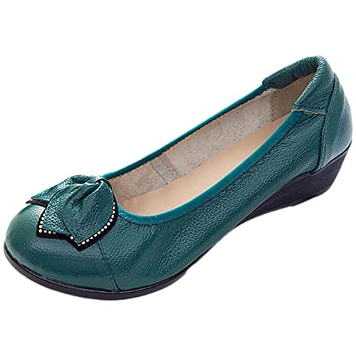 Jamron Damen Echtleder Bequemschuhe Weich Sohle Blume Ballerinas Niedrige Keilabsatz Pumps Slippers Grün SN070358 EU42 von Jamron