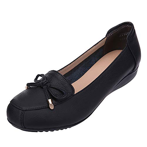 Jamron Damen Echtleder Bequemschuhe Weich Sohle Fliege Ballerinas Niedrige Keilabsatz Pumps Slippers Schwarz SN020628 EU36 von Jamron