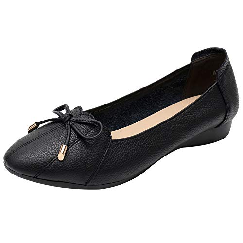 Jamron Damen Echtleder Komfort Schuhe Weich Sohle Ballerinas Niedrige Keilabsatz Slippers Schwarz SN02432 EU37 von Jamron