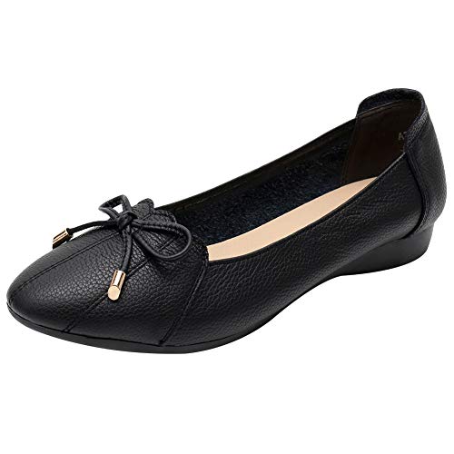 Jamron Damen Echtleder Bequemschuhe Spitze Fliege Ballerinas Niedrige Keilabsatz Pumps Slippers Schwarz SN02432 EU39.5 von Jamron