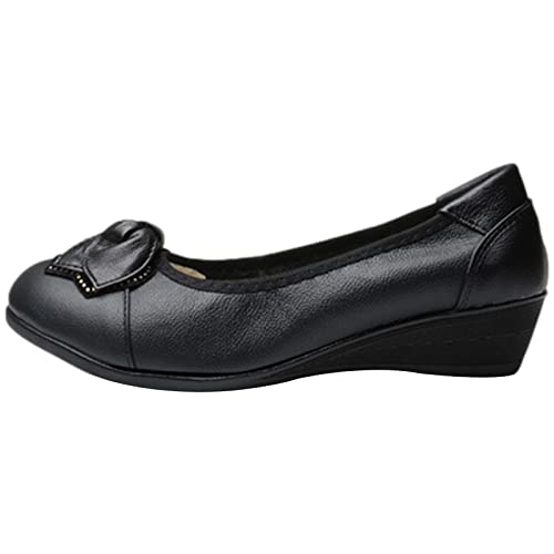 Jamron Damen Echtleder Komfort Schuhe Weich Sohle Ballerinas Niedrige Keilabsatz Slippers Schwarz SN070358 EU37 von Jamron